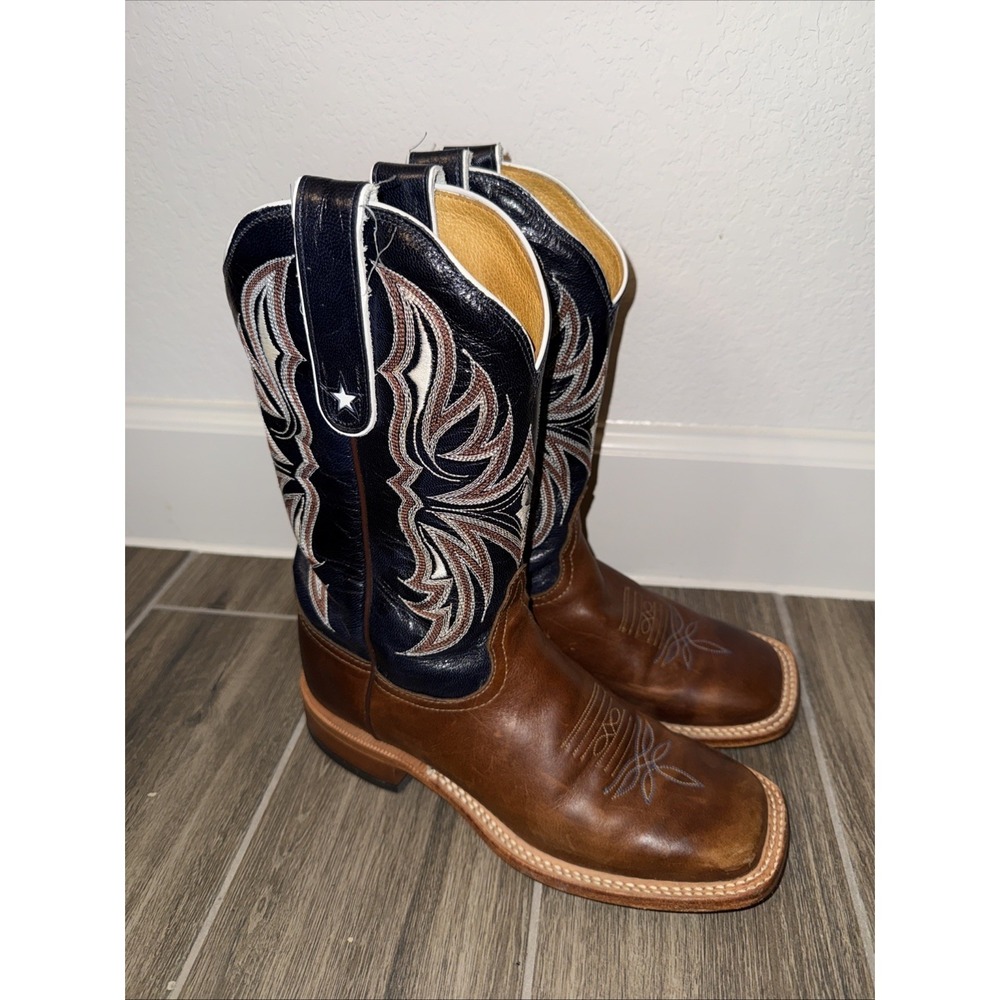 Tony Lama Women's Beige Royal Blue Western Goat Leather Boots 1790-L 7.5B - Picture 3 of 12
